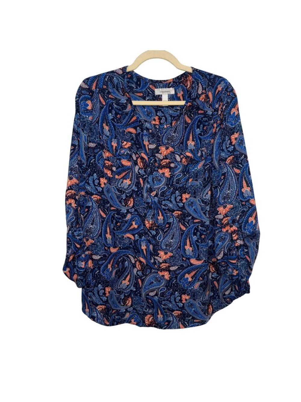 Dressbarn Womens 1X Paisley Button-Up Blouse Navy & Orange Long Sleeve